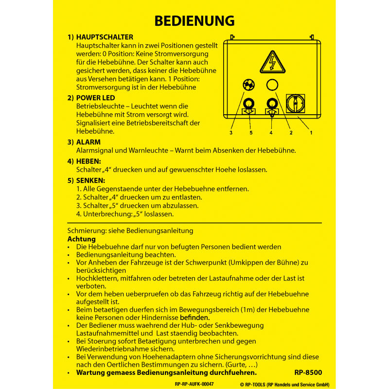 Sticker lift "Bedienung Steuerbox" RP-8500...