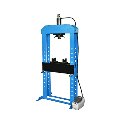 Workshop press hydraulic press, standing, 10-100 t, manual: hand &amp; foot operated, automatic: hydropneumatic (air), movable piston, industry quality, Made in EU