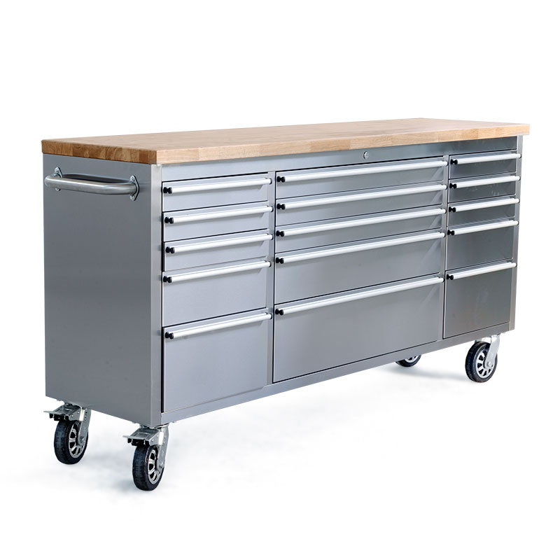 Stainless steel workshop cart tool cart rollable 8 drawers wood board