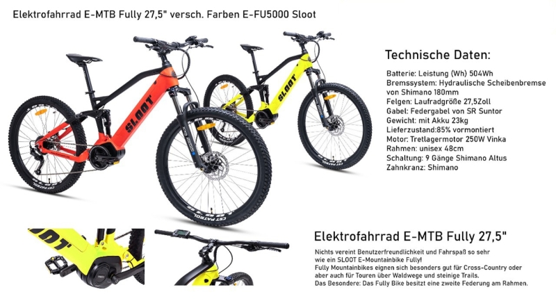 E-Bike E-MTB Hardtail 27,5&quot; different colors E-HT1001