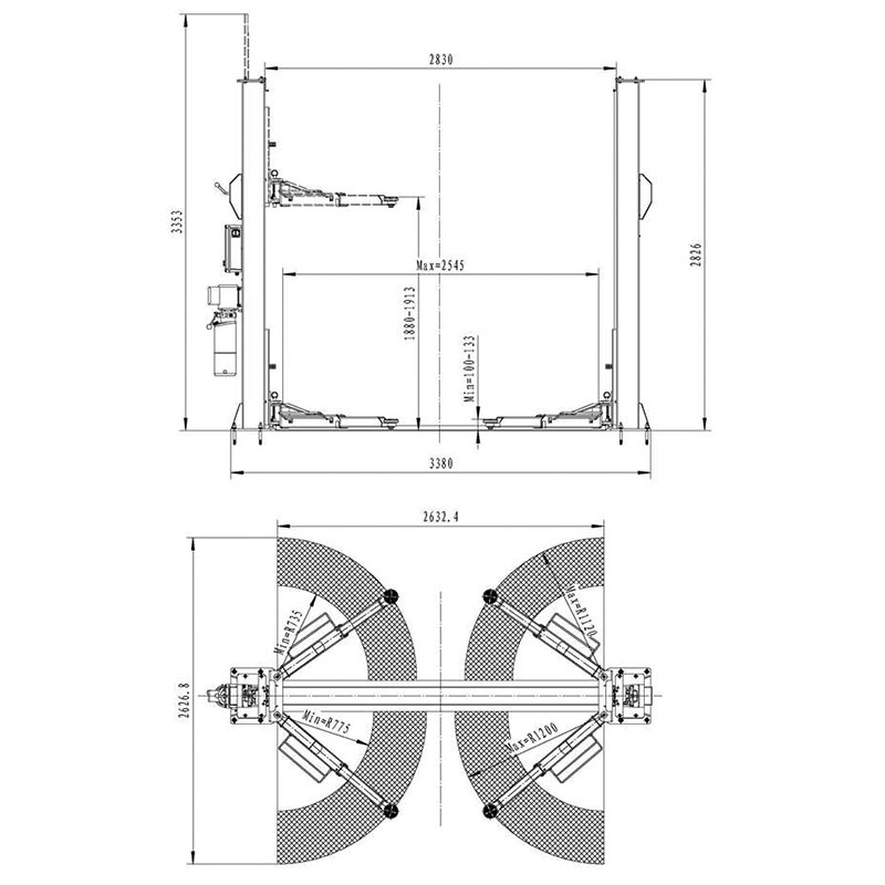 Pont &eacute;l&eacute;vateur 2 colonnes hydraulique UV 4.0 t 230V Hauteur : 2.82m, man. d&eacute;verrouillage, Black Series | ATLANIS